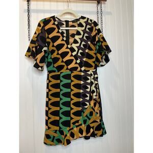 AX Paris Green Black Green Aztec Printed Day Mini Wrap Dress Ruffled Size S